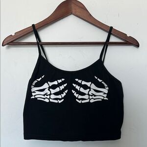 Women's Black Skull Hands Print Cropped Spaghetti Strap Tank Top Size Medium